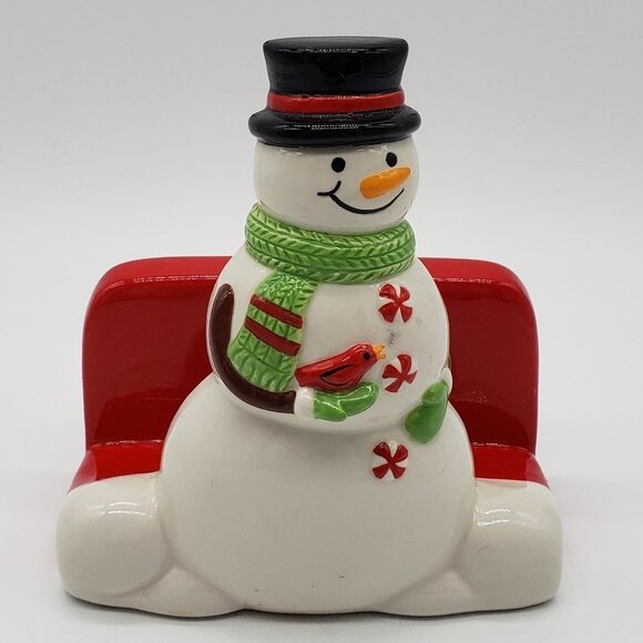 Ceramic Hand Painted Top Hat Snowman Holding Cardinal Bird Napkin Holder - Picture 7 of 8